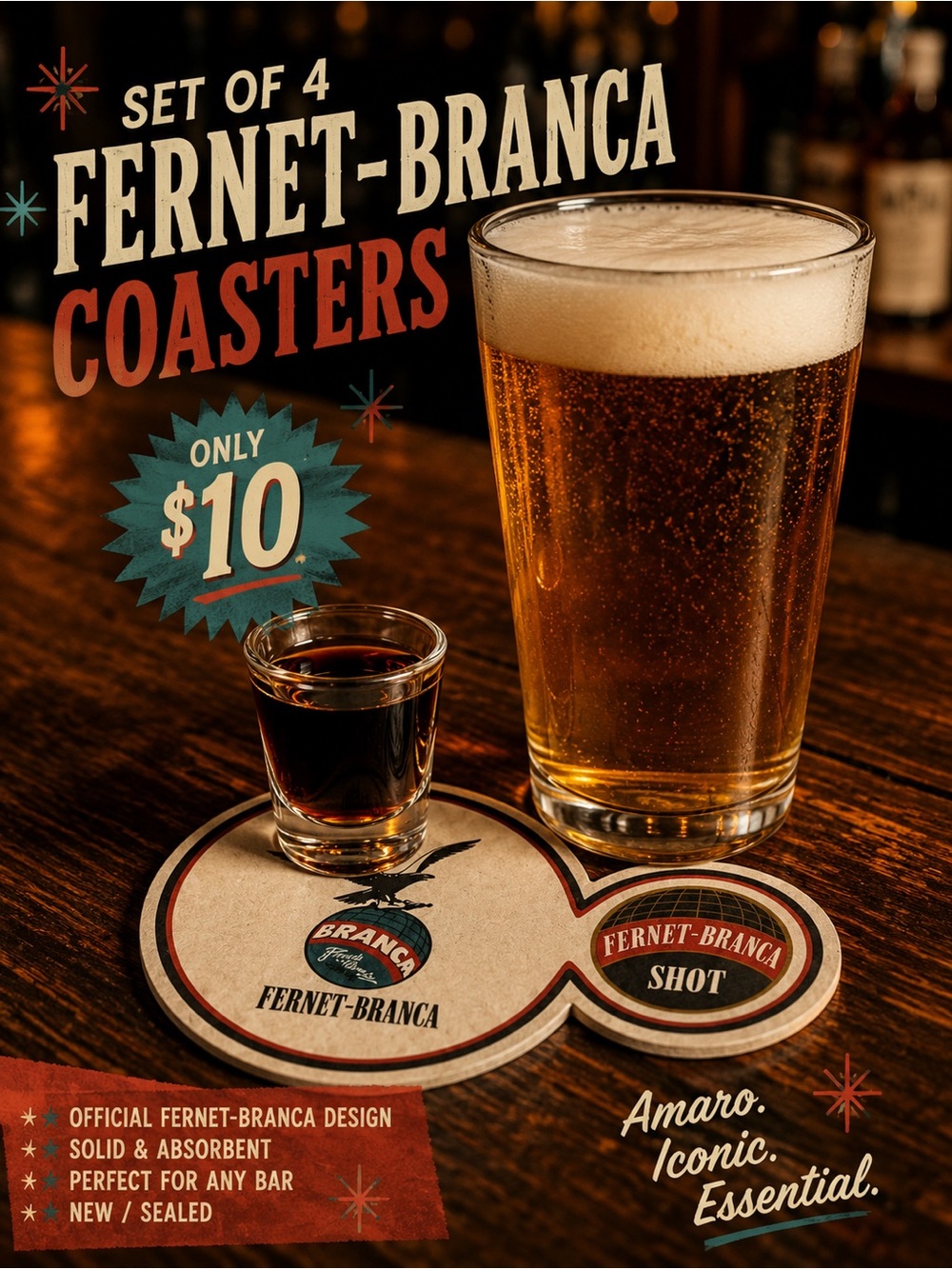 Fernet-Branca Dual Coaster Set of 4, NWOT
